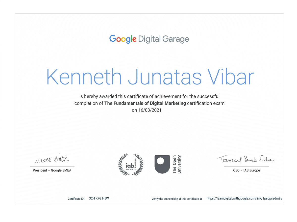 Google Digital Garage Fundamentals of Digital Marketing certificate