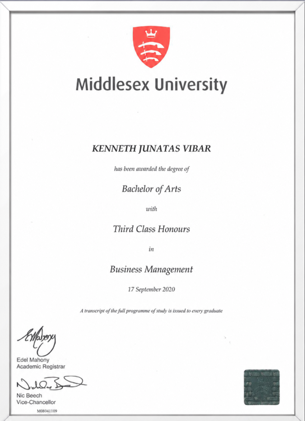 Middlesex University Bachelor of Arts Business Management diploma